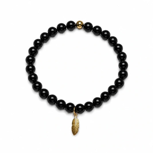 Bracelet en onyx noir naturel & plume dorée – Fait main – Élégant et intemporel